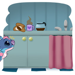 ambiguous_gender antennae_(anatomy) anthro bag bean beverage blue_body blue_eyes blue_fur calico_pattern chest_markings chest_tuft coffee coffee_bean coffee_mug container counter cup curtains emanata fur head_tuft heart_symbol humor inside kitchen looking_at_object markings mug multicolored_antennae pink_body pink_fur purple_nose sink solo tuft white_markings angoraram disney lilo_and_stitch calico_(angoraram) fan_character alien experiment_(lilo_and_stitch) 1:1 2026 digital_drawing_(artwork) digital_media_(artwork) english_description signature nonbinary_(lore)