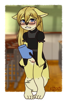 anthro assisted_exposure black_clothing black_dress blonde_hair blue_eyes blurred_background blush blush_lines bottomless classroom clothed clothing clothing_lift dress dress_lift embarrassed exposed eyewear female genitals glasses hair humiliation inside loli no_underwear school shy solo_focus tail vulva young young_anthro k0yangi polymorph canid canine fox mammal 2020