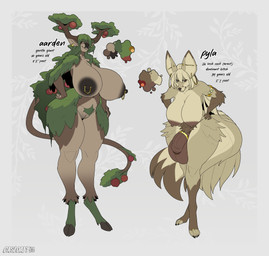 anthro areola balls big_balls big_breasts big_butt biped breasts brown_body butt cloven_hooves duo ear_piercing ear_ring female genitals gynomorph hands_on_hips hooves huge_balls huge_breasts huge_hips huge_thighs hyper hyper_hips intersex larger_female multicolored_body navel nipple_piercing nipples nude penis piercing plant profanity pubes pupils ring_piercing simple_background size_difference smaller_gynomorph smaller_intersex smile standing text thick_thighs three-quarter_view vulva wide_hips casloafy aarden_(casloafy) pyla_(casloafy) canid canine elemental_creature flora_fauna mammal absurd_res english_text hi_res