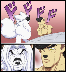 4_fingers anthro black_border black_ears black_eyebrows black_hair black_nose border cheek_tuft chest_tuft chibi duo eyebrows facial_tuft femboy fingers floor fluffy fluffy_tail frown fur glistening glistening_body glistening_ears glistening_eyes glistening_fur glistening_hair glistening_lips glistening_nose glistening_tail gradient_background hair humor lips looking_at_another looking_down low-angle_view male nude obscured_eyes parody serious shortstack shortstack_male simple_background slightly_chubby slightly_chubby_male smile smirk style_emulation tail text tile tile_floor tuft walking white_body white_fur white_hair yellow_body yellow_eyes yellow_fur deonwolf jojo's_bizarre_adventure menacing_(meme) menacing_approach stardust_crusaders deon_(deonwolf) orikomi_(character) canid canine canis fennec_fox fox mammal true_fox wolf 2022 comic digital_media_(artwork) hi_res japanese_text meme multiple_images signature