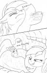 2017 applejack_(mlp) black_and_white bodily_fluids comic dialogue duo earth_pony english_text equid equine extreme_size_difference eyes_closed female feral friendship_is_magic hair hasbro hi_res horse line_art mammal micro monochrome my_little_pony nasal_vore pony ponythroat rainbow_dash_(mlp) saliva size_difference snorting_character teeth text unusual_penetration unusual_vore uvula vore