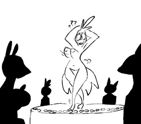 anthro blush confusion dancing female group hands_behind_head nervous nervous_smile nude pose question_mark silhouette the_weaver five_nights_at_freddy's five_nights_at_freddy's_2 roommates:motha scottgames chiclet_(roommates) avian bird chicken galliform phasianid monochrome
