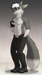 anthro beverage clothed clothing coffee coffee_mug container cup eye_scar facial_scar hand_in_pocket male muscular pockets scar solo unimpressed grumpy_griffin_creations marvelous_managerie canid canine canis mammal wolf absurd_res digital_media_(artwork) hi_res