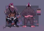 anthro back_muscles beard belly biceps big_pecs black_body body_hair boots bottomwear butt chest_hair clothed clothing eye_scar facial_hair facial_scar feet footwear fur goatee hair hands_on_hips looking_at_viewer male manly mohawk muscular muscular_male muscular_thighs nude open_mouth pants pecs pink_hair pink_nose rat_tail rear_view scar shirt shoes slightly_chubby smile solo tail tank_top tongue tongue_out topwear triceps wrapped_tail yellow_eyes burrserk sal_(burrserk) mammal murid murine rat rodent 2022 absurd_res digital_media_(artwork) hi_res model_sheet