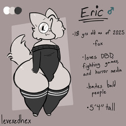 anthro bodily_fluids clothing eyewear femboy fluffy fluffy_tail fur glasses grey_body grey_fur hair hair_over_eye huge_thighs legwear leotard male nerd nervous nervous_smile nervous_sweat solo stockings sweat tail text thick_thighs thigh_highs wearing_glasses levexedhex eric_(levexedhex) canid canine fox mammal english_text hi_res model_sheet