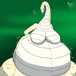 anthro apode belly big_belly breasts female green_background huge_belly legless orange_eyes orange_stripes overweight overweight_female rumbling_stomach serpentine simple_background solo stripes text tongue tongue_out white_arms white_belly white_body white_breasts yauhasart draconcopode naga reptile scalie snake 1:1 2026 english_text hi_res watermark