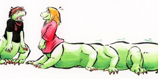 10_legs 3_toes 4_fingers arms_down belly black_clothing black_shirt black_t-shirt black_topwear blonde_hair bottomless brown_hair claws clothed clothing dress duo eye_contact feet female fingers green_body hair hands_together looking_at_another male multi_leg multi_limb multiple_pregnancies open_mouth orange_claws orange_eyes plantigrade pregnant quadruped raised_tail red_clothing red_dress scarf sharp_teeth shirt short_hair side_view simple_background sitting sprawling_gait straight_hair surprised sweatdrop_(iconography) t-shirt tail teeth toes tongue topwear white_background cervelet liz_(growing_troubles) simon_(growing_troubles) lizard lizard_taur long_taur reptile reptile_taur scalie scalie_taur taur 2024 hi_res painting_(artwork) shaded signature traditional_media_(artwork) traditional_painting_(artwork) traditional_watercolor_(artwork) watercolor_(artwork)