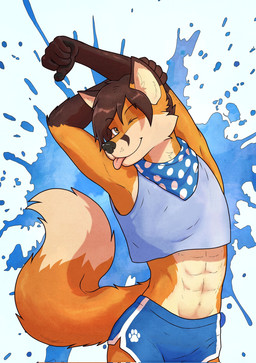 5_fingers abs anthro athletic athletic_anthro athletic_male black_hair black_nose bottomwear clothed clothed_anthro clothed_male clothing fingers fur gloves_(marking) hair humanoid_hands male markings multicolored_body multicolored_fur one_eye_closed orange_body orange_fur shorts solo stretching tail tongue tongue_out two_tone_body two_tone_fur white_body white_fur tokuya clarance_amara canid canine fox mammal hi_res story story_in_description