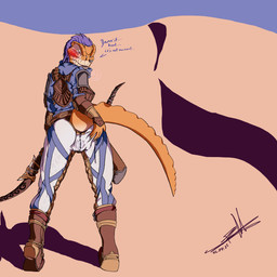 anthro archer blue_eyes bottomwear bow_(weapon) butt clothing desert female genitals heat_(temperature) hotpants in_heat orange_body pants ranged_weapon shorts solo translucent vulva weapon foxmelra microsoft the_elder_scrolls the_elder_scrolls_online alikr argonian scalie 1:1 2022 dated hi_res