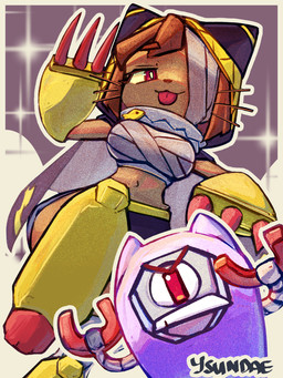 1_eye anthro bandage bandage_on_face bandaged_chest bandaged_leg boots bottomwear brown_body brown_fur brown_hair cape cat_hoodie claws clothing cosplay crossover_cosplay duo female footwear fur gauntlet_(weapon) hair hoodie machine male one_eye_obstructed one_leg_up onesie raised_leg robotic_arm scarf shoes shorts thick_thighs tongue tongue_out topwear whiskers wide_hips ysundae gameoverse glitch_productions ratatan kaboodle_(gameoverse) kit_bodega nyandola_(ratatan) felid feline mammal robot 2026 3:4 colored crossover digital_drawing_(artwork) digital_media_(artwork) hi_res signature