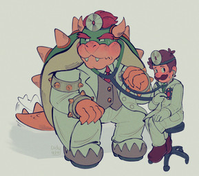 2_horns 4_fingers 5_fingers anthro armband arms_bent averting_eyes bent_legs black_eyebrows black_eyes blue_sclera blush blush_lines blushing_profusely bodily_fluids bottomwear bracelet brown_clothing brown_facial_hair brown_footwear brown_hair brown_mustache brown_shoes claws closed_frown clothed clothed_anthro clothed_human clothed_male clothing curved_horn doctor duo eyebrows facial_hair fangs finger_claws fingers footwear frown fully_clothed fully_clothed_anthro fully_clothed_human fully_clothed_male furniture gloves green_head green_necktie green_shell grey_armband grey_bracelet grey_clothing grey_footwear grey_shoes grey_topwear grey_vest hair hand_on_knee hand_on_leg hand_on_own_knee hand_on_own_leg handwear head_mirror holding_stethoscope horn jewelry king larger_anthro larger_male light male male_anthro male_human medical_instrument mouth_closed mustache necktie nervous nervous_sweat pants pockets red_eyebrows red_hair red_necktie royalty scientific_instrument shell shoes short_hair sitting_on_stool size_difference smaller_human smaller_male spiked_armband spiked_bracelet spiked_shell spiked_tail spikes spikes_(anatomy) stethoscope stool sweat tail tail_motion tailwag tan_horn tan_spikes teeth text thick_eyebrows topwear vest white_bottomwear white_clothing white_dress_shirt white_gloves white_handwear white_lab_coat white_pants yellow_claws yellow_tail didy414 dr._luigi_(game) dr._mario_(series) dr._mario_world mario_bros nintendo bowser dr._bowser dr._luigi luigi human koopa mammal scalie 2025 artist_name colored digital_drawing_(artwork) digital_media_(artwork) english_description hi_res lighting shaded