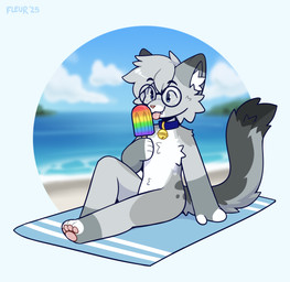 anthro beach bell bell_collar blue_collar blue_eyes collar dipstick_ears dipstick_fingers dipstick_tail dipstick_toes ear_markings eyewear femboy food fur glasses gold_bell grey_body hair licking male markings multicolored_ears nude nude_anthro nude_male outside pawpads popsicle sand sea seaside sitting sitting_on_ground six-stripe_rainbow_pride_colors smile solo spots spotted_markings summer tail tail_markings teeth tongue tongue_out towel tuft water wave fleurfurr nixuelle domestic_cat egyptian_mau felid feline felis mammal 2025 digital_media_(artwork) hi_res