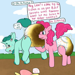 big_diaper bodily_fluids cutie_mark dialogue diaper diaper_check diaper_in_face duo_focus embarrassed feces female feral fur furgonomic_diaper furgonomics genital_fluids green_body green_fur green_mane group horn leaking_diaper male mane outside pink_body pink_mane quadruped soiled_diaper soiling sound_effects speech_bubble stink_fumes text trio unclean_diaper urine used_diaper wet_diaper yellow_body toddlercasper friendship_is_magic hasbro my_little_pony mythology fan_character fluttershy_(mlp) levi_(fatcat4t4) pinkie_pie_(mlp) earth_pony equid equine horse mammal mythological_creature mythological_equine pony unicorn 1:1 2025 english_text hi_res
