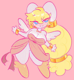 anthro armwear big_breasts blonde_hair blue_eyes breasts clothing female fur gold_(metal) gold_dress gold_jewelry hair halo handwear jewelry long_ears necklace smile smiling_at_viewer smirk smirking_at_viewer solo thick_thighs white_body white_fur wings shgrcube nintendo pokemon lari_(nickzilla) angel generation_4_pokemon lagomorph lopunny mammal pokemon_(species)