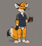 anthro beverage black_body black_fur black_nose blue_clothing blue_shirt blue_t-shirt blue_topwear briefs bulge clothed clothing coffee coffee_mug eyes_closed footwear fur grey_background grey_clothing grey_shirt grey_t-shirt grey_topwear holding_beverage holding_coffee holding_object legwear male orange_body orange_fur pantsless shadow shirt simple_background socks solo t-shirt tighty_whities tired tongue tongue_out topwear underwear white_body white_briefs white_clothing white_footwear white_fur white_legwear white_socks white_underwear tinydeerguy canid canine fox mammal hi_res signature