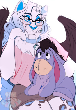 anthro biped blue_eyeshadow bottomwear clothed clothing collar eyelashes eyeshadow eyewear female fur glasses makeup markings pink_clothing pink_shirt pink_topwear plushie rectangular_glasses shirt shorts simple_background sitting smile solo spots spotted_body spotted_fur topwear wings ferwanwan disney winnie_the_pooh_(franchise) eeyore felid inanimate_object mammal 2023 hi_res watermark