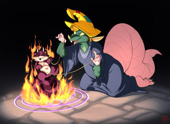 anthro anus big_tail chain clothing duo feet female fire fur gold_(metal) gold_jewelry green_body green_fur hat headgear headwear jewelry magic magic_user male mischievous_smile purple_body purple_fur soles summoning_circle tail thick_tail wizard_hat wizard_robe x_anus honest_radish ludd yucki_(kentuckiyucki) american_opossum demon imp mammal marsupial procyonid raccoon virginia_opossum hi_res trans_(lore) trans_woman_(lore)