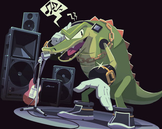 anthro back_spines chain clothing countershade_torso countershading electric_guitar electronics footwear gloves gold_(metal) gold_chain green_body guitar handwear headphones male microphone microphone_stand musical_instrument musical_note musical_symbol open_mouth open_smile pink_tongue plucked_string_instrument sharp_teeth shoes smile snout solo speaker string_instrument symbol teeth tongue nulldull sega sonic_the_hedgehog_(series) vector_the_crocodile crocodile crocodilian reptile scalie cel_shading hi_res shaded