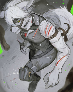 anthro big_penis biped black_sclera blood bodily_fluids clothed clothed_anthro clothed_male clothing dutch_angle fluffy fluffy_tail fur genitals green_eyes green_penis grey_background group hair huge_penis imminent_rape imminent_sex male male/male male_anthro penis prosthetic prosthetic_leg prosthetic_limb simple_background snout solo_focus surrounded sweat sweatdrop tail text three-quarter_view torn_clothing white_body white_fur white_hair wounded kemo_ka_nya mihoyo zenless_zone_zero von_lycaon canid canine ethereal_(zzz) mammal 2026 digital_drawing_(artwork) digital_media_(artwork) english_text hi_res