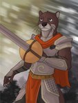 2024 3:4 5_fingers anthro armor black_nose bracers brown_body brown_fur claws clothed clothing finger_claws fingers fur hi_res humanoid_hands male mammal melee_weapon mustelid otter signature solo solokhoniir sword weapon