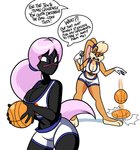 anthro basketball basketball_uniform big_breasts bottomwear breasts cleavage clothed clothing dialogue duo female fur hair midriff pink_hair ponytail shorts simple_background sportswear tan_body tan_fur text uniform white_background superspoe duck_dodgers looney_tunes space_jam warner_brothers lola_bunny queen_tyr'ahnee alien alien_humanoid humanoid lagomorph leporid mammal martian rabbit 2019 english_text hi_res