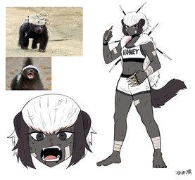 after_fight blood blood_in_mouth bodily_fluids clothed clothing comparison creature_and_personification dark_body dark_skin feet female hair humanoid_feet humanoid_hands long_hair looking_at_viewer nosebleed photo_reference plantigrade reference_inset shirt simple_background solo spiked_knuckles tail text text_on_clothing text_on_shirt text_on_topwear topwear white_background white_hair gegegekman badger canid canine honey_badger mammal mustelid musteline 2024 absurd_res english_text hi_res reference_image