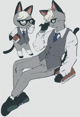 anthro anthrofied blonde_hair chibi clothing eyewear fur glasses grey_body grey_fur hair heterochromia male solo topwear vest pikurusu00 animal_crossing nintendo raymond_(animal_crossing) domestic_cat felid feline felis mammal hi_res