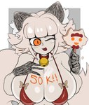 anthro bell bell_collar big_breasts big_tail bra breasts cleavage clothed clothing collar female food fur hair huge_breasts milestone one_eye_closed open_mouth orange_eyes popsicle smile solo tail underwear white_body white_fur white_hair wink cibastion catmaid_(cibastion) domestic_cat felid feline felis mammal hi_res