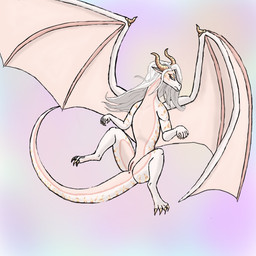 anus displeased female feral genitals golden_markings hair horn pink_body purple_eyes solo spread_legs spreading tail vulva white_body white_hair wings shadeominus mythology calacatta dragon mythological_creature mythological_scalie scalie 1:1 hi_res