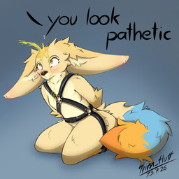 anthro bdsm blue_body blue_fur blush bodily_fluids fluffy fluffy_tail fur genital_fluids harness huge_ears humiliation leather male orange_body orange_fur questionable_consent scared smile solo tail urine wide_eyed canid canine fennec_fox fox mammal true_fox absurd_res hi_res