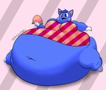 4_fingers anthro belly big_belly big_breasts black_eyes black_outline blue_body blue_hair blush blush_stickers bottomless breasts clothed clothing dress female fingers food fruit hair holding_food holding_fruit holding_object huge_belly huge_breasts hyper hyper_belly morbidly_obese morbidly_obese_anthro morbidly_obese_female multicolored_body navel obese obese_anthro obese_female open_mouth open_smile outline overweight overweight_anthro overweight_female pattern_background peach_(fruit) plant simple_background sitting smile solo striped_background text tongue two_tone_body white_body terrylewds animal_crossing nintendo rosie_(animal_crossing) domestic_cat felid feline felis mammal 2023 absurd_res artist_name digital_media_(artwork) hi_res