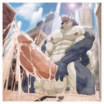 abs anthro balls biceps big_balls big_muscles big_pecs big_penis blue_body blue_fur blue_sky blush blush_lines bodily_fluids border building city cityscape claws cum cum_on_balls cum_on_ground cum_on_leg cum_on_penis cumshot ejaculation eyewear finger_claws fur genital_fluids genitals glasses huge_balls huge_muscles huge_pecs huge_penis huge_thighs hyper hyper_genitalia hyper_penis kneeling light male multicolored_body multicolored_fur muscular muscular_anthro muscular_male navel nipples pecs penis red_eyes sky solo street sun sunlight thick_penis thick_thighs triceps two_tone_body two_tone_fur vein veiny_penis white_body white_border white_fur nunudodo eijun_mizutsune canid canine canis mammal wolf 1:1 2023 absurd_res distracting_watermark hi_res watermark