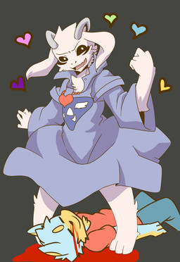 3_toes anthro barefoot biped black_sclera blood blood_on_face blood_on_ground blood_puddle blue_body blue_fur bodily_fluids bottomwear cheek_tuft chest_tuft clothed clothing duo eyes_closed facial_tuft feet fist floppy_ears fur fur_markings grey_background head_tuft heart_symbol horn jewelry lying male markings multicolored_body multicolored_fur necklace nosebleed on_back open_mouth open_smile pants pose robe shirt simple_background smile standing tan_body tan_fur toes topwear tuft two_tone_body two_tone_fur white_body white_eyes white_fur saku1saya undertale undertale_(series) asriel_dreemurr_(god_form) seiya_(saku1saya) boss_monster_(undertale) bovid canid canine canis caprine domestic_dog mammal 2015 absurd_res hi_res