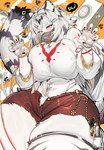 anthro belly big_breasts bottomwear breasts cleavage clothed clothing ear_piercing ear_ring female fur grey_hair hair huge_breasts huge_thighs kemono looking_at_viewer markings multicolored_body multicolored_fur navel open_mouth piercing pink_eyes ring_piercing simple_background smile solo tail thick_thighs white_body white_fur wide_hips kantan mahjong_soul hannah_(mahjong_soul) felid mammal pantherine tiger absurd_res hi_res