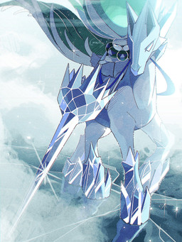 ambiguous_gender anthro blue_eyes duo feral grey_body holding_melee_weapon holding_object holding_sword holding_weapon ice looking_at_viewer melee_weapon sword weapon white_body umearamy nintendo pokemon calyrex elemental_creature equid equine generation_8_pokemon glastrier ice_creature legendary_pokemon mammal mineral_fauna pokemon_(species) 2025 3:4 hi_res signature