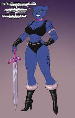 anthro arm_warmers armwear black_lips blue_body blue_fur boots clothing collar dialogue female footwear fur fur_clothing fur_trim_(clothing) gem gradient_background green_eyes grin grinning_at_viewer hand_on_hip high_heeled_boots high_heels holding_melee_weapon holding_object holding_sword holding_weapon lips melee_weapon muscular muscular_female shoes simple_background smile smiling_at_viewer solo speech_bubble sword text weapon crovirus legends_of_dragonore pantera_(legends_of_dragonore) felid mammal pantherine english_text hi_res