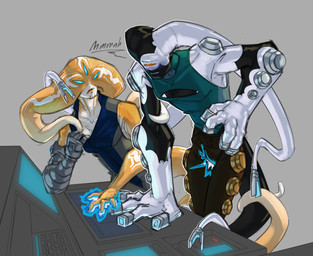 1_eye 3_eyes 4_fingers big_hands black_body blue_blush blue_eyes blush blush_lines bottomwear breasts cleavage_cutout clothed clothing countershading cutout cybernetic_arm cybernetic_limb duo electrical_plug electrical_plug_tail female female/female fingers flat_chested fully_clothed glowing glowing_eyes head_tendrils head_tentacle leaning leaning_forward leaning_on_object light long_tail looking_pleasured markings moan multi_eye non-mammal_breasts not_furry open_mouth orange_body orange_eyes pants prehensile_tail prosthetic prosthetic_arm prosthetic_limb pulling_shirt_down simple_background sleeveless_clothing smile tail teeth telekinesis telekinesisjob tendrils tentacles text vitiligo white_body white_countershading white_markings lumen_fox ben_10 cartoon_network fan_character ohm veltra alien conductoid uxorite absurd_res hi_res lighting shaded