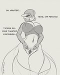 anthro big_breasts bite biting_lip breasts dominant dominant_female female genitals pussy size_difference smile smiling_at_viewer smirk smirking_at_viewer solo spread_pussy spreading text skippersaucecat nintendo pokemon gardevoir generation_3_pokemon pokemon_(species) english_text hi_res sketch