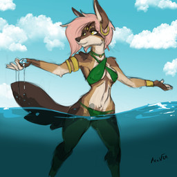 armband armor beach bikini bikini_bottom bracers breasts choker clothing ear_piercing ear_ring female hair jewelry necklace nipple_outline outside partially_submerged piercing pink_hair pose ring_piercing sea solo swimwear tail two-piece_swimsuit water yellow_eyes acev ridwana_(acev) canid canine canis jackal mammal 1:1 hi_res pinup