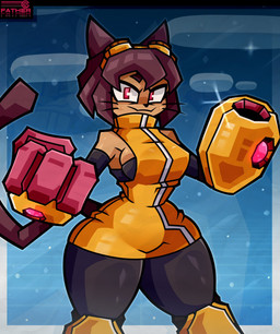 anthro arm_cannon breasts brown_hair butt clothing female gun_arm hair mechanical_arm mouth_closed short_hair solo tail text weapon_arm father_of_nation gameoverse glitch_productions kit_bodega domestic_cat felid feline felis mammal artist_name hi_res