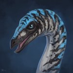 ambiguous_gender beak blue_eyes feral markings multicolored_body open_beak open_mouth pink_tongue scar solo striped_markings stripes tongue azany the_isle dinosaur gallimimus ornithomimid prehistoric_species reptile scalie theropod 1:1 2019 detailed digital_media_(artwork) digital_painting_(artwork) headshot_portrait hi_res portrait watermark