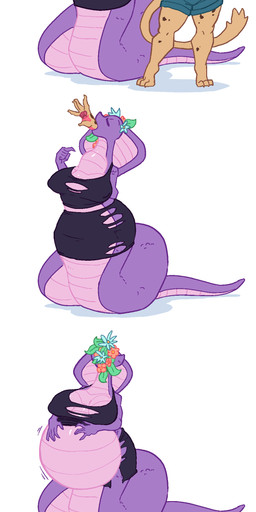 abdominal_bulge accessory apode blue_eyes clothing curvy_figure dress duo endosoma female female_pred female_prey flower flower_in_hair hair hair_accessory hourglass_figure legless oral_vore plant purple_body red_eyes safe_vore serpentine split_form tearing_clothing torn_clothing vore slimetime lavender_(slimetime) domestic_cat draconcopode felid feline felis mammal naga reptile scalie snake absurd_res hi_res