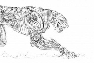 ambiguous_gender fangs feral narrowed_eyes open_mouth side_view simple_background solo teeth crazydrak felid mammal robot_feral detailed monochrome