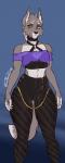 2018 alternative_fashion amber_eyes anthro athletic athletic_anthro athletic_female black_nose bottomwear braided_hair breasts camel_toe canid canine canis castbound choker clothed clothing countershading crop_top digital_media_(artwork) dipstick_tail eyebrows female fluffy fluffy_tail fully_clothed fur goth grey_body grey_fur hair hi_res jewelry looking_at_viewer mammal markings midriff multicolored_body multicolored_fur multicolored_tail necklace pants pecs pecs_with_breasts shirt signature simple_background small_breasts solo standing tail tail_markings thick_thighs tight_clothing topwear translucent translucent_clothing two_tone_body two_tone_fur wide_hips wolf wolfgirl_(castbound)