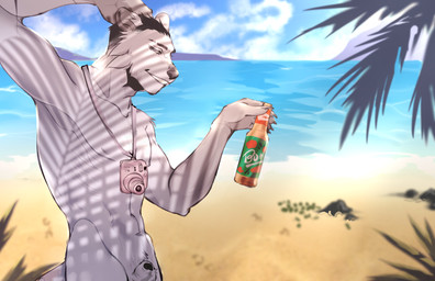 abs animal_genitalia anthro athletic beach beverage black_hair black_nose black_penis bottle camera camera_strap cheek_tuft container countershade_ears countershading facial_tuft fur genitals gradient_fur hair hand_behind_head lemonade male nude_anthro palm_leaves pecs peeking_penis penis penis_tip seaside sheath smile smiling_at_viewer solo tuft volchok_(brand) white_body white_fur mude fujifilm lun_(lunerman) bear mammal polar_bear ursine absurd_res hi_res