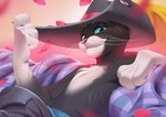 anthro black_body black_fur blue_eyes clothing female fur hat headgear headwear looking_at_viewer pink_nose solo white_body white_fur kyander dreamworks puss_in_boots_(franchise) kitty_softpaws domestic_cat felid feline felis mammal