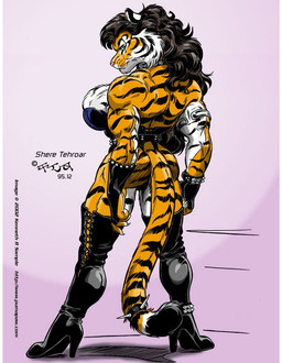 abstract_background anthro big_breasts biped black_hair boots bracelet breasts butt clothed clothing collar copyright_symbol corset cuff_(restraint) female footwear fur gloves green_eyes hair handwear high_heeled_boots high_heels jewelry legwear lingerie looking_at_viewer looking_back muscular muscular_anthro muscular_female orange_body orange_fur restraints shackles shoes side_boob simple_background solo stripes studs symbol tail tail_cuff thigh_boots thigh_highs topwear white_body white_fur kencougr shere_tehroar felid mammal pantherine tiger 1995