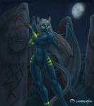 anthro bioluminescence blood blue_body blue_fur bodily_fluids breasts claws duo female fingernails fur genitals glowing grey_hair hair long_fingernails male markings membrane_(anatomy) membranous_wings muscular nails nipples nude pussy ritual sacrifice solo_focus standing tail text tombstone wings landingzone naote canid canine demon domestic_cat felid feline felis mammal english_text