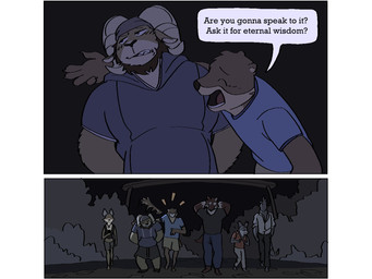 anthro beard clothing dialogue facial_hair female group laugh male night outside plant scared speech_bubble text phwog echo_(game) echo_(series) echo_project carl_hendricks chase_hunter flynn_moore jenna_begay leo_alvarez tj_hess asian_small-clawed_otter bighorn_sheep bovid canada_lynx canid canine canis caprine felid feline fox gila_monster helodermatid kit_fox lizard lynx mammal mustelid otter red_wolf reptile scalie sheep true_fox wolf 4:3 comic english_text hi_res
