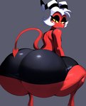 2_horns anthro big_butt black_clothing black_dress black_stripes butt clothed clothing crossdressing crouching dress eyeliner femboy freckled_face freckles grey_background hair half-closed_eyes horn looking_back makeup male mouth_closed narrowed_eyes not_furry rear_view red_body red_skin simple_background solo spade_tail striped_horn stripes tail thick_thighs white_hair yellow_eyes senior_garabato helluva_boss moxxie_(helluva_boss) demon imp 2025 english_description hi_res